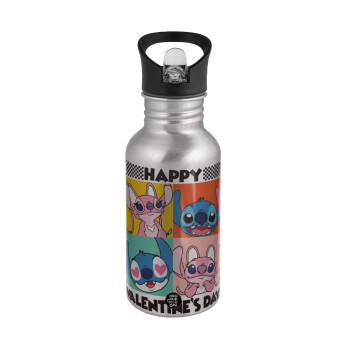 Lilo & Stitch Happy valentines day, Water bottle Silver with straw, stainless steel 500ml