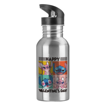 Lilo & Stitch Happy valentines day, Water bottle Silver with straw, stainless steel 600ml