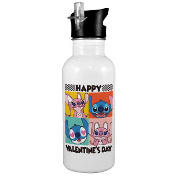 Lilo & Stitch Happy valentines day, White water bottle with straw, stainless steel 600ml