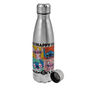 Lilo & Stitch Happy valentines day, Metallic water bottle, stainless steel, 750ml