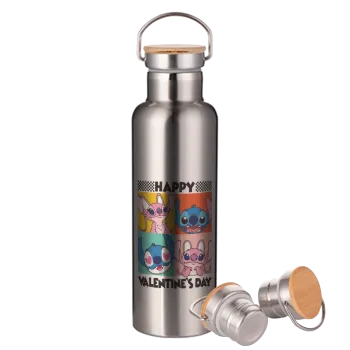 Lilo & Stitch Happy valentines day, Stainless steel Silver with wooden lid (bamboo), double wall, 750ml