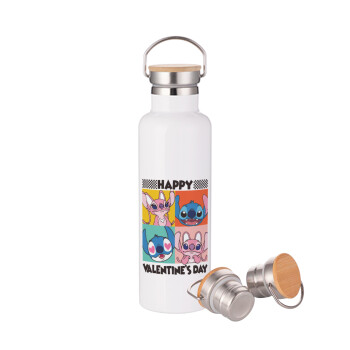 Lilo & Stitch Happy valentines day, Μεταλλικό παγούρι θερμός (Stainless steel) Λευκό με ξύλινο καπάκι (bamboo), διπλού τοιχώματος, 750ml