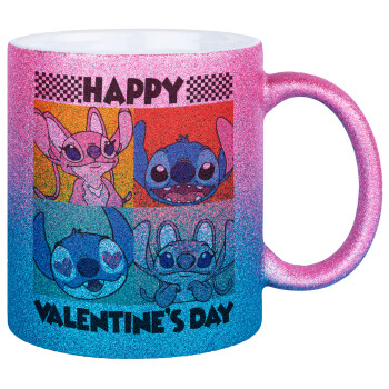 Lilo & Stitch Happy valentines day, Κούπα Χρυσή/Μπλε Glitter, κεραμική, 330ml
