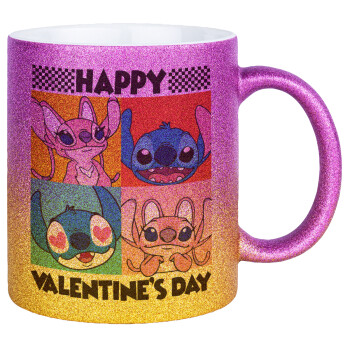 Lilo & Stitch Happy valentines day, Κούπα Χρυσή/Ροζ Glitter, κεραμική, 330ml