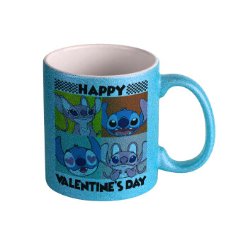 Lilo & Stitch Happy valentines day, Κούπα Σιέλ Glitter που γυαλίζει, κεραμική, 330ml
