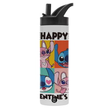 Lilo & Stitch Happy valentines day, Μεταλλικό παγούρι θερμός με καλαμάκι & χειρολαβή, ανοξείδωτο ατσάλι (Stainless steel 304), διπλού τοιχώματος, 600ml