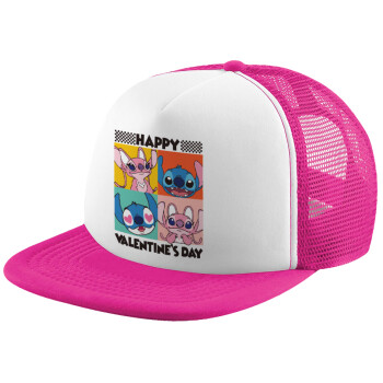 Lilo & Stitch Happy valentines day, Καπέλο Soft Trucker με Δίχτυ Pink/White 