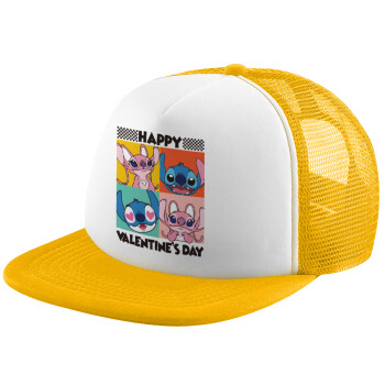 Lilo & Stitch Happy valentines day, Καπέλο Soft Trucker με Δίχτυ Κίτρινο/White 