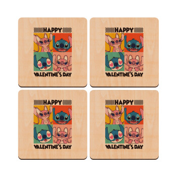 Lilo & Stitch Happy valentines day, ΣΕΤ x4 Σουβέρ ξύλινα τετράγωνα plywood (9cm)