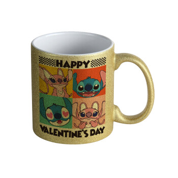 Lilo & Stitch Happy valentines day, Κούπα Χρυσή Glitter που γυαλίζει, κεραμική, 330ml