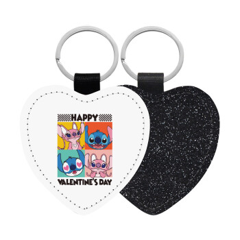 Lilo & Stitch Happy valentines day, Μπρελόκ PU δερμάτινο glitter καρδιά ΜΑΥΡΟ