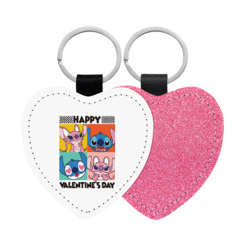 Lilo & Stitch Happy valentines day, Μπρελόκ PU δερμάτινο glitter καρδιά ΡΟΖ