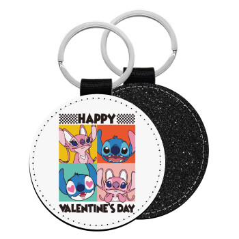 Lilo & Stitch Happy valentines day, Μπρελόκ Δερματίνη, στρογγυλό ΜΑΥΡΟ (5cm)