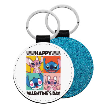 Lilo & Stitch Happy valentines day, Μπρελόκ Δερματίνη, στρογγυλό ΜΠΛΕ (5cm)