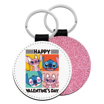 Lilo & Stitch Happy valentines day, Μπρελόκ Δερματίνη, στρογγυλό ΡΟΖ (5cm)