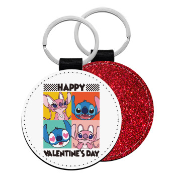 Lilo & Stitch Happy valentines day, Μπρελόκ Δερματίνη, στρογγυλό ΚΟΚΚΙΝΟ (5cm)