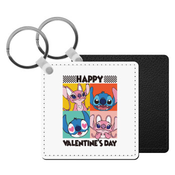 Lilo & Stitch Happy valentines day, Μπρελόκ Δερματίνη, τετράγωνο ΜΑΥΡΟ (5x5cm)
