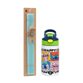 Lilo & Stitch Happy valentines day, Easter Set, Children's thermal stainless steel bottle with safety straw, green/blue (350ml) & aromatic flat Easter candle (30cm) (TURQUOISE)