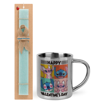 Lilo & Stitch Happy valentines day, Easter Set, metallic thermal cup (300ml) & aromatic flat Easter candle (30cm) (TURQUOISE)