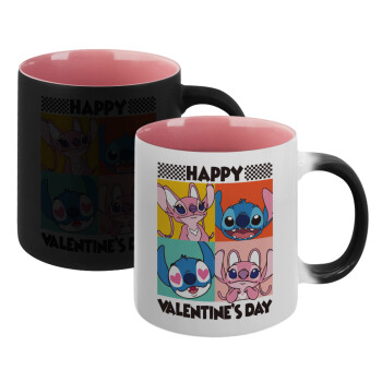 Lilo & Stitch Happy valentines day, Κούπα Μαγική εσωτερικό ΡΟΖ, κεραμική 330ml που αλλάζει χρώμα με το ζεστό ρόφημα (1 τεμάχιο)