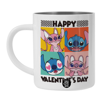 Lilo & Stitch Happy valentines day, Λευκή Ανοξείδωτη Μεταλλική Κούπα 450ml - Διπλού Τοιχώματος 
