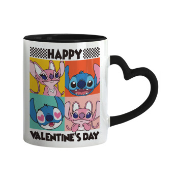 Lilo & Stitch Happy valentines day, Κούπα καρδιά χερούλι μαύρη, κεραμική, 330ml