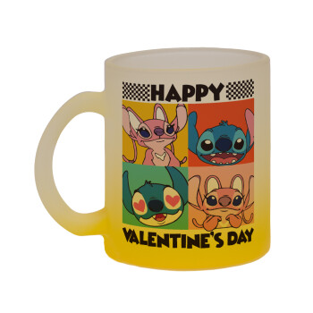 Lilo & Stitch Happy valentines day, Κούπα γυάλινη δίχρωμη με βάση το κίτρινο ματ, 330ml