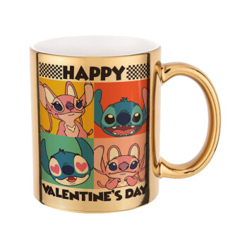 Lilo & Stitch Happy valentines day, Κούπα κεραμική, χρυσή καθρέπτης, 330ml