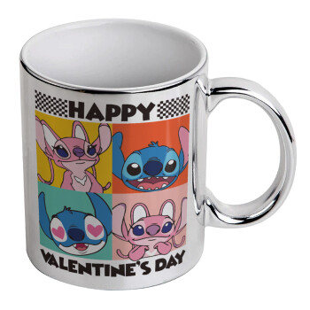 Lilo & Stitch Happy valentines day, Κούπα κεραμική, ασημένια καθρέπτης, 330ml