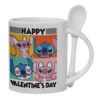 Lilo & Stitch Happy valentines day, Ceramic coffee mug with Spoon, 330ml (1pcs)