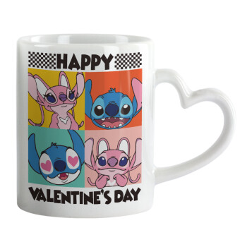 Lilo & Stitch Happy valentines day, Κούπα καρδιά χερούλι λευκή, κεραμική, 330ml