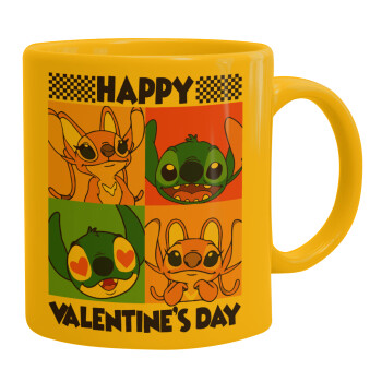 Lilo & Stitch Happy valentines day, Ceramic coffee mug yellow, 330ml (1pcs)