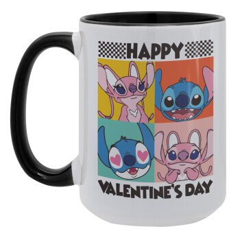 Lilo & Stitch Happy valentines day, Κούπα Mega 15oz, κεραμική Μαύρη, 450ml