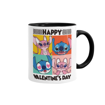Lilo & Stitch Happy valentines day, Κούπα χρωματιστή μαύρη, κεραμική, 330ml