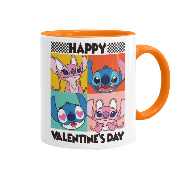 Lilo & Stitch Happy valentines day, Κούπα χρωματιστή πορτοκαλί, κεραμική, 330ml