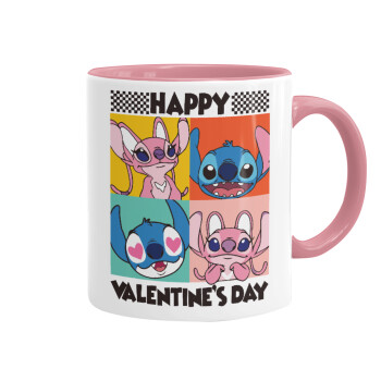 Lilo & Stitch Happy valentines day, Κούπα χρωματιστή ροζ, κεραμική, 330ml