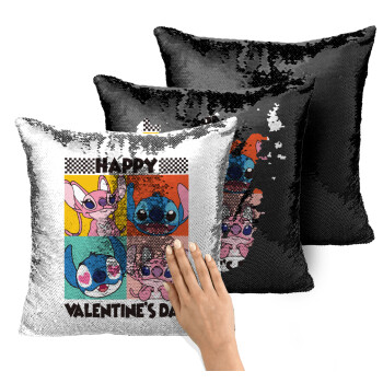 Lilo & Stitch Happy valentines day, Μαξιλάρι καναπέ Μαγικό Μαύρο με πούλιες 40x40cm περιέχεται το γέμισμα