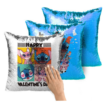 Lilo & Stitch Happy valentines day, Μαξιλάρι καναπέ Μαγικό Μπλε με πούλιες 40x40cm περιέχεται το γέμισμα