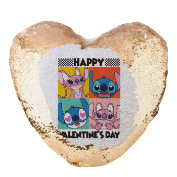 Lilo & Stitch Happy valentines day, Μαξιλάρι καναπέ καρδιά Μαγικό Χρυσό με πούλιες 40x40cm περιέχεται το  γέμισμα