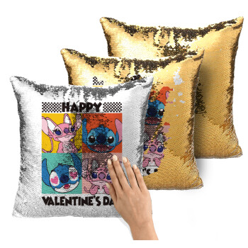 Lilo & Stitch Happy valentines day, Μαξιλάρι καναπέ Μαγικό Χρυσό με πούλιες 40x40cm περιέχεται το γέμισμα