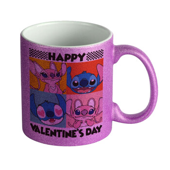 Lilo & Stitch Happy valentines day, Κούπα Μωβ Glitter που γυαλίζει, κεραμική, 330ml