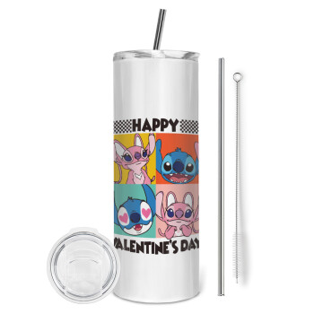 Lilo & Stitch Happy valentines day, Tumbler stainless steel 600ml, with metal straw & cleaning brush