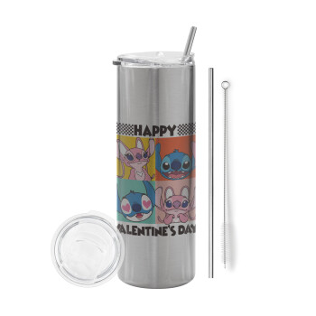 Lilo & Stitch Happy valentines day, Eco friendly ποτήρι θερμό Ασημένιο (tumbler) από ανοξείδωτο ατσάλι 600ml, με μεταλλικό καλαμάκι & βούρτσα καθαρισμού