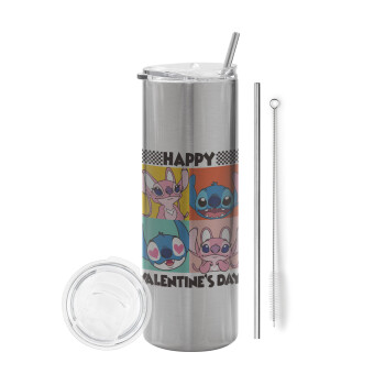 Lilo & Stitch Happy valentines day, Tumbler stainless steel Silver 600ml, with metal straw & cleaning brush