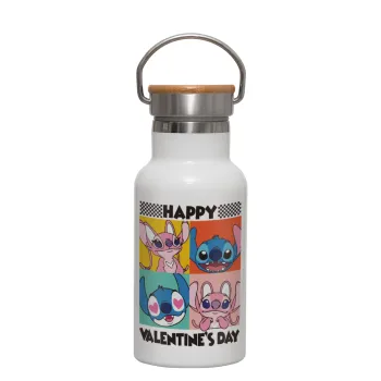 Lilo & Stitch Happy valentines day, Metallic thermos (Stainless steel) White with wooden lid (bamboo), double-walled, 350ml