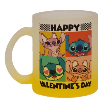 Lilo & Stitch Happy valentines day, Κούπα γυάλινη δίχρωμη με βάση το κίτρινο ματ, 330ml