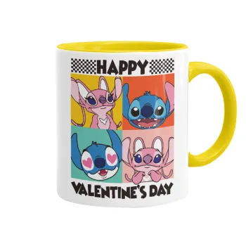 Lilo & Stitch Happy valentines day, Κούπα χρωματιστή κίτρινη, κεραμική, 330ml