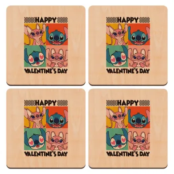 Lilo & Stitch Happy valentines day, ΣΕΤ x4 Σουβέρ ξύλινα τετράγωνα plywood (9cm)