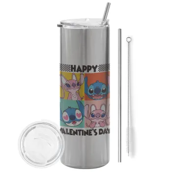 Lilo & Stitch Happy valentines day, Tumbler ποτήρι θερμό Ασημένιο από ανοξείδωτο ατσάλι 600ml, με μεταλλικό καλαμάκι & βούρτσα καθαρισμού