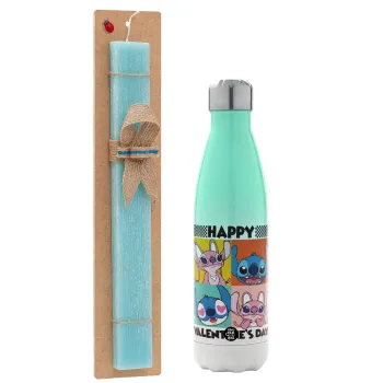 Lilo & Stitch Happy valentines day, Easter Set, Metallic green/white thermos (Stainless steel), double-walled, 500ml & scented flat Easter candle (30cm) (TURQUOISE)